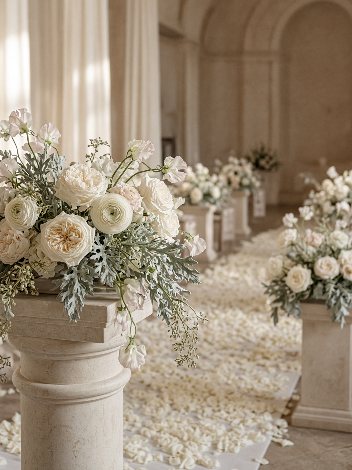 Aisle florals on a stone pedestal