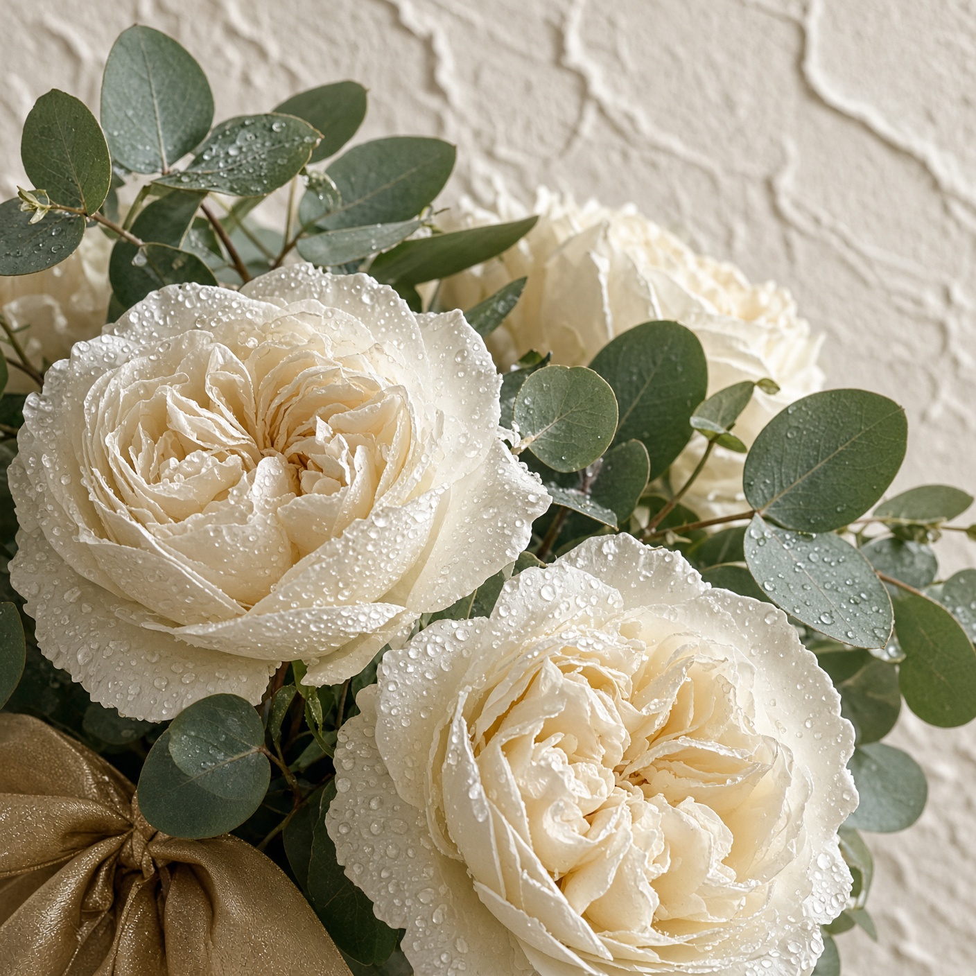 Close study of ivory roses and eucalyptus