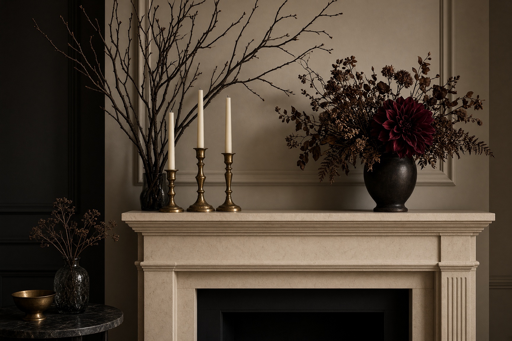 Dark botanical mantel
