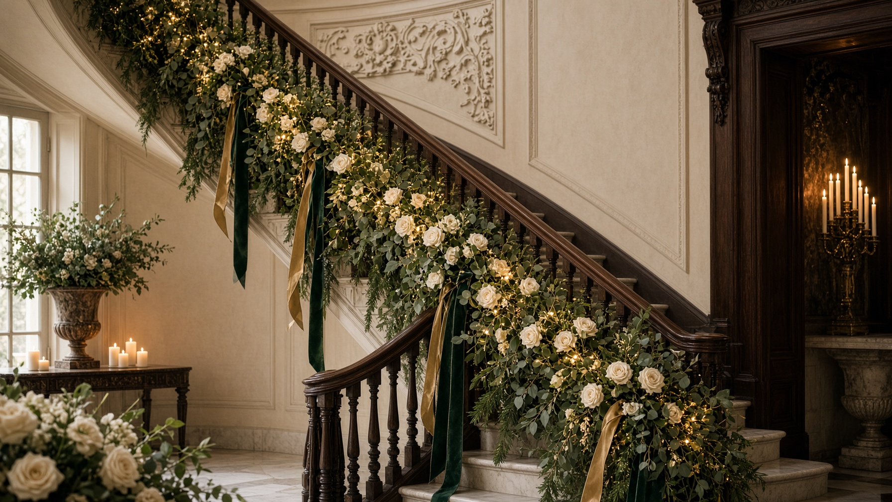 Concept for a Christmas staircase dressed with ivory roses, pine, and muted gold ribbon